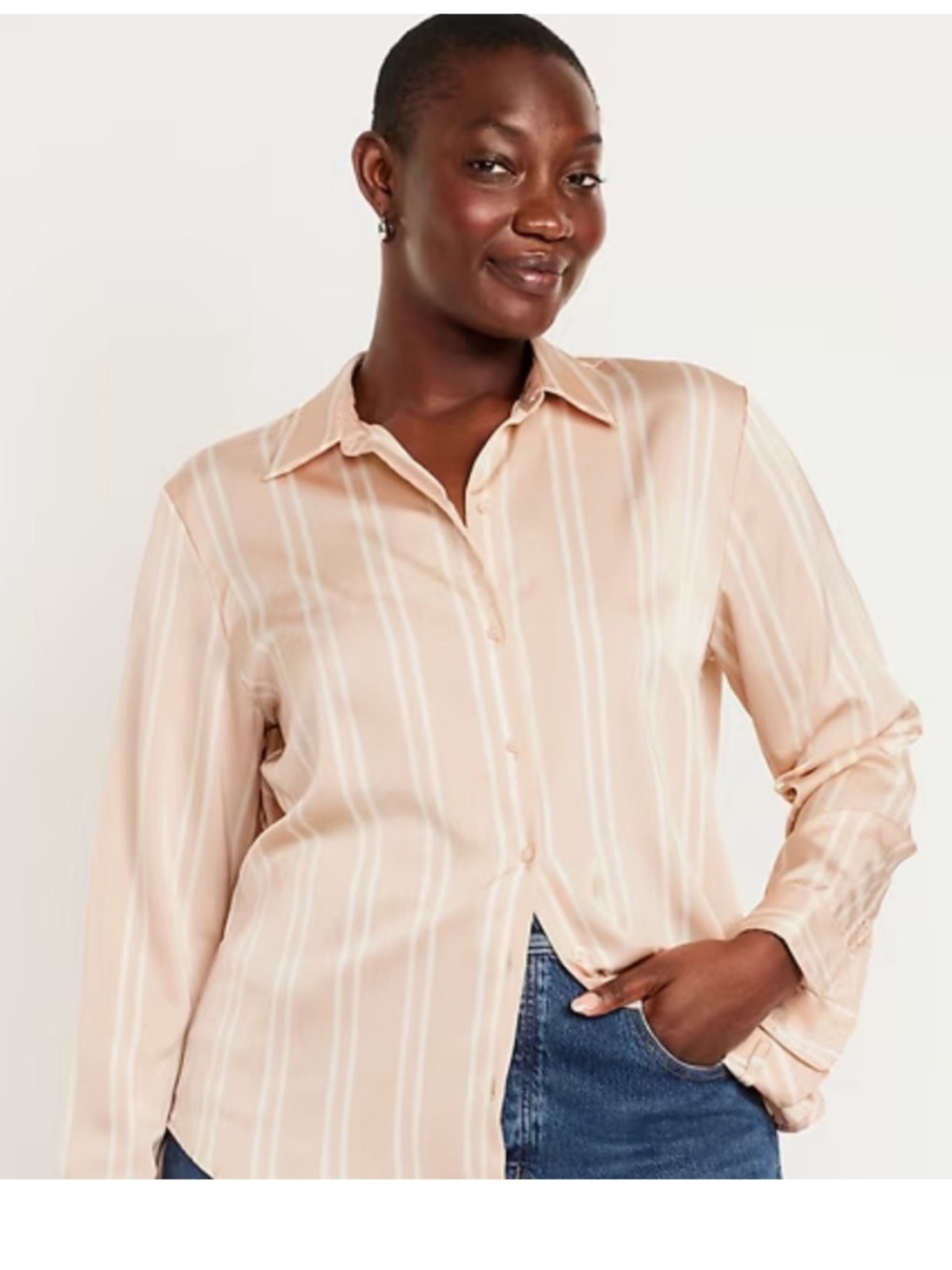 NWT Old Navy Satin Striped Button Down Shirt Light Pink Beige Stripe Size XL